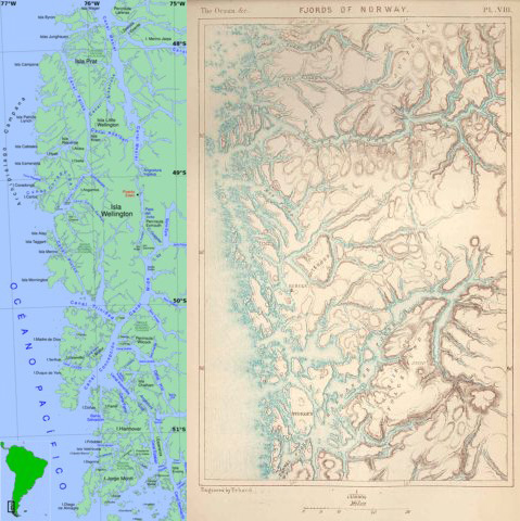 Fjords along the contorted coastline of southern Chile and Norway