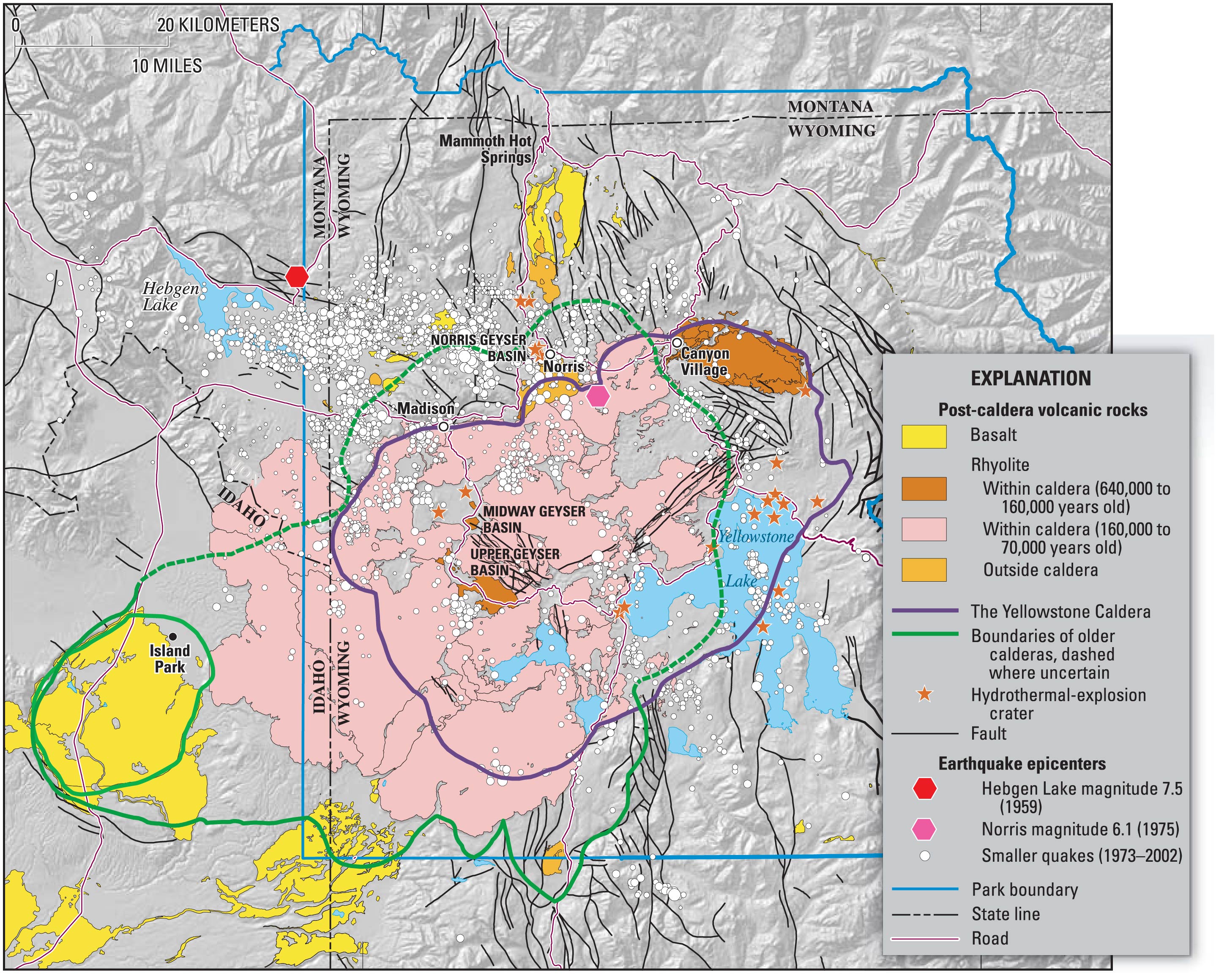 A map of the overlapping calderas, lava flows and potential hazards