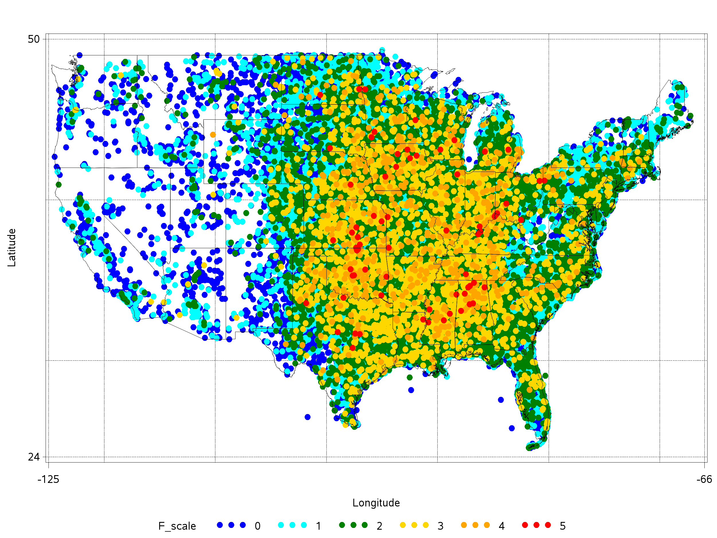 map showing locations of tornados