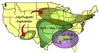 map showing tornado season by months/areas