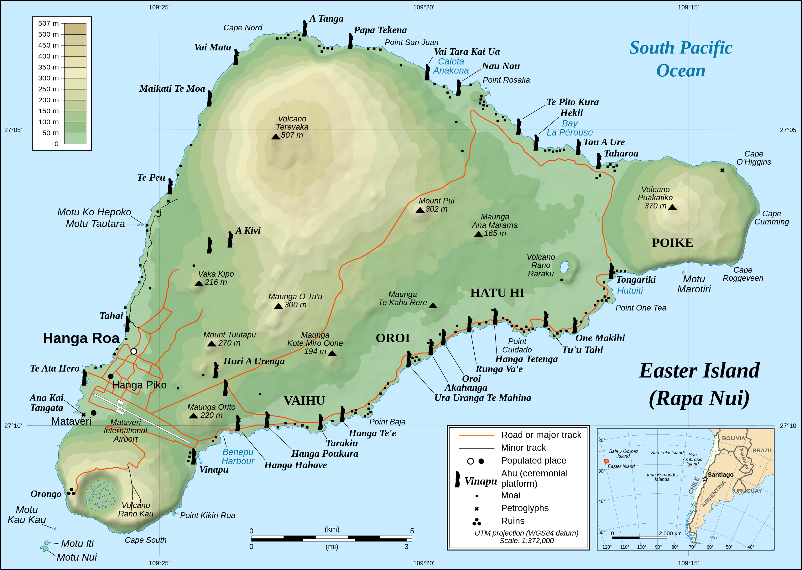Detailed topographic map of Easter Island