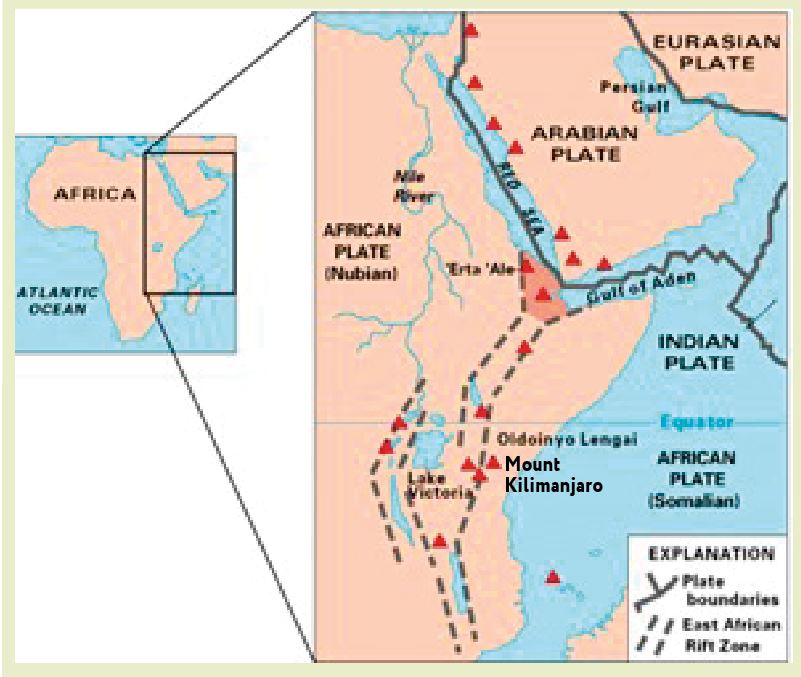 Map of East Africa showing active volcanoes