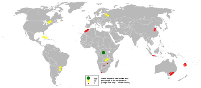 Map shows the global distribution of mined cobalt