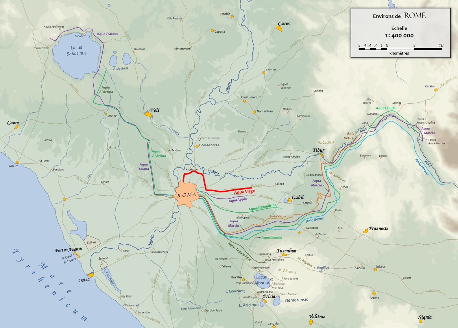 Map showing the routes of the aqueducts of Rome