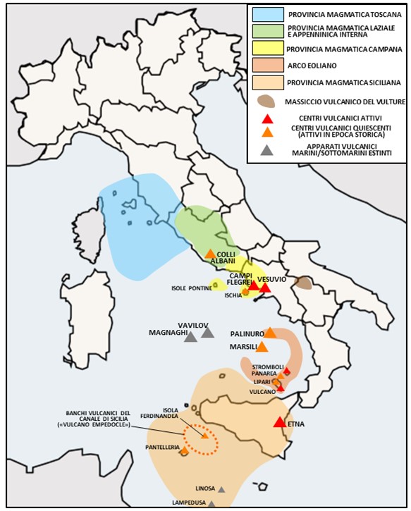 Map showing Volcanic regions of Italy