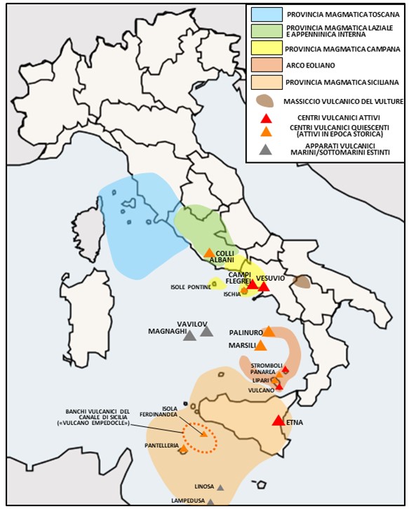 Map showing Volcanic regions of Italy