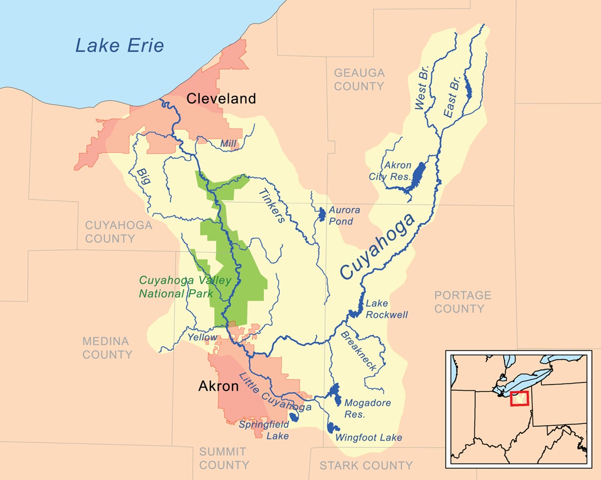 Map of the Cuyahoga River drainage basin