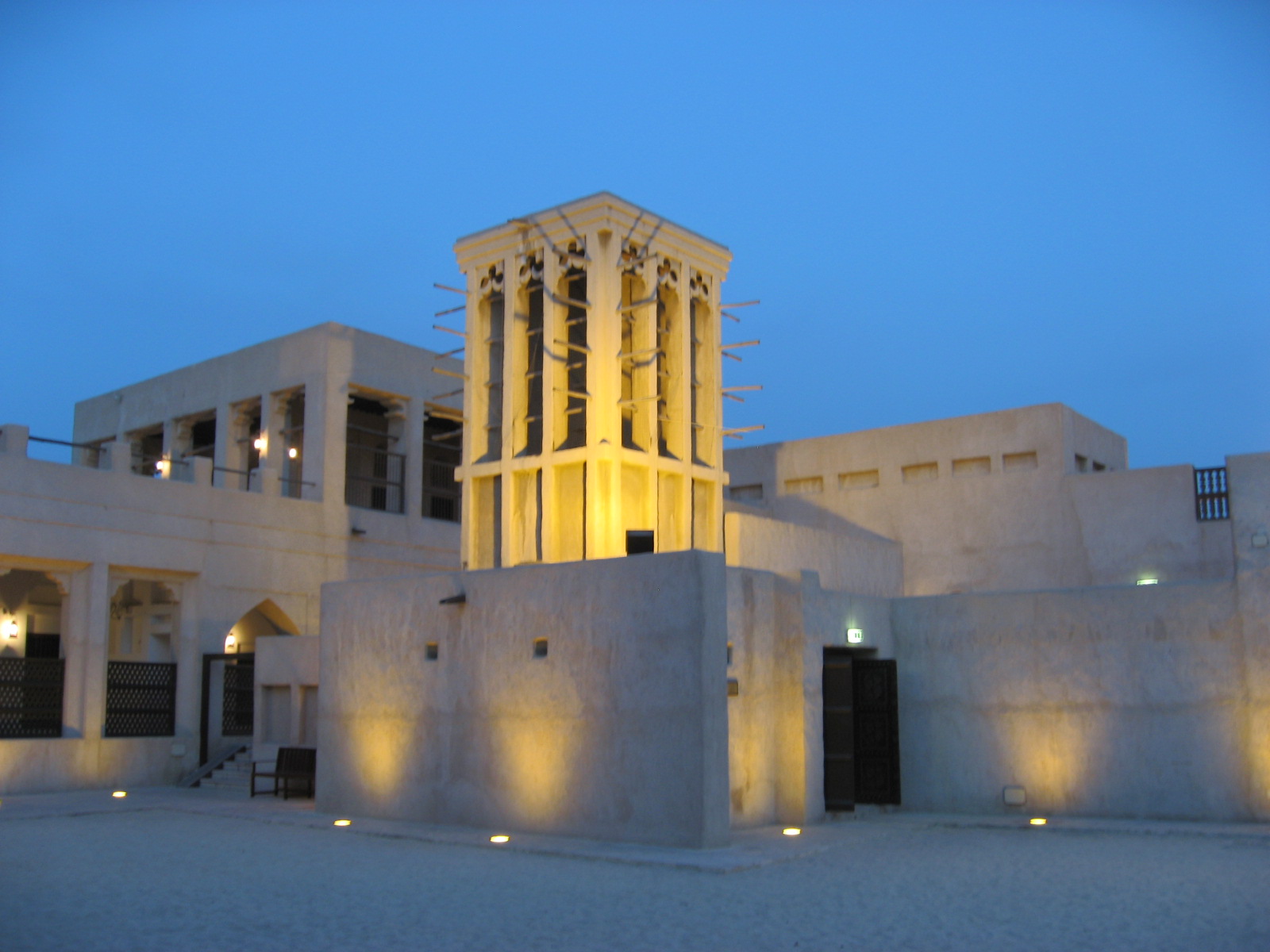 Evening view of the Sheikh Saeed Al Maktoum house courtyard, located in Dubai, UAE