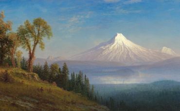 An oil painting from 1889 by Alber Bierstadt of titled, “Mount St. Helens, Columbia River, Oregon.”