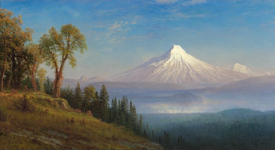 An oil painting from 1889 by Alber Bierstadt of titled, “Mount St. Helens, Columbia River, Oregon.”