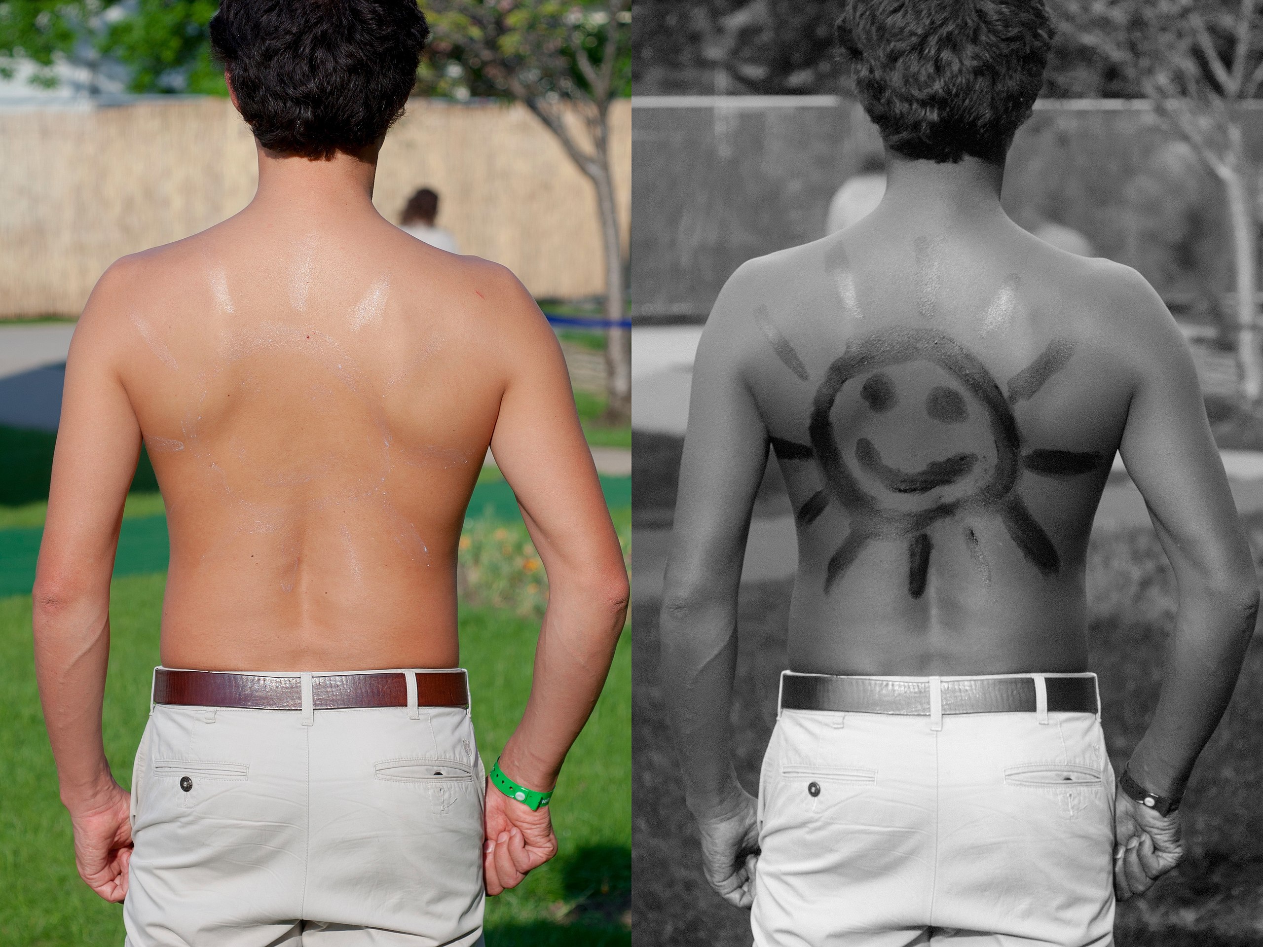 Sunscreen SPF 30 applied to a man’s back and photographed using normal and UV photography at a science festival.