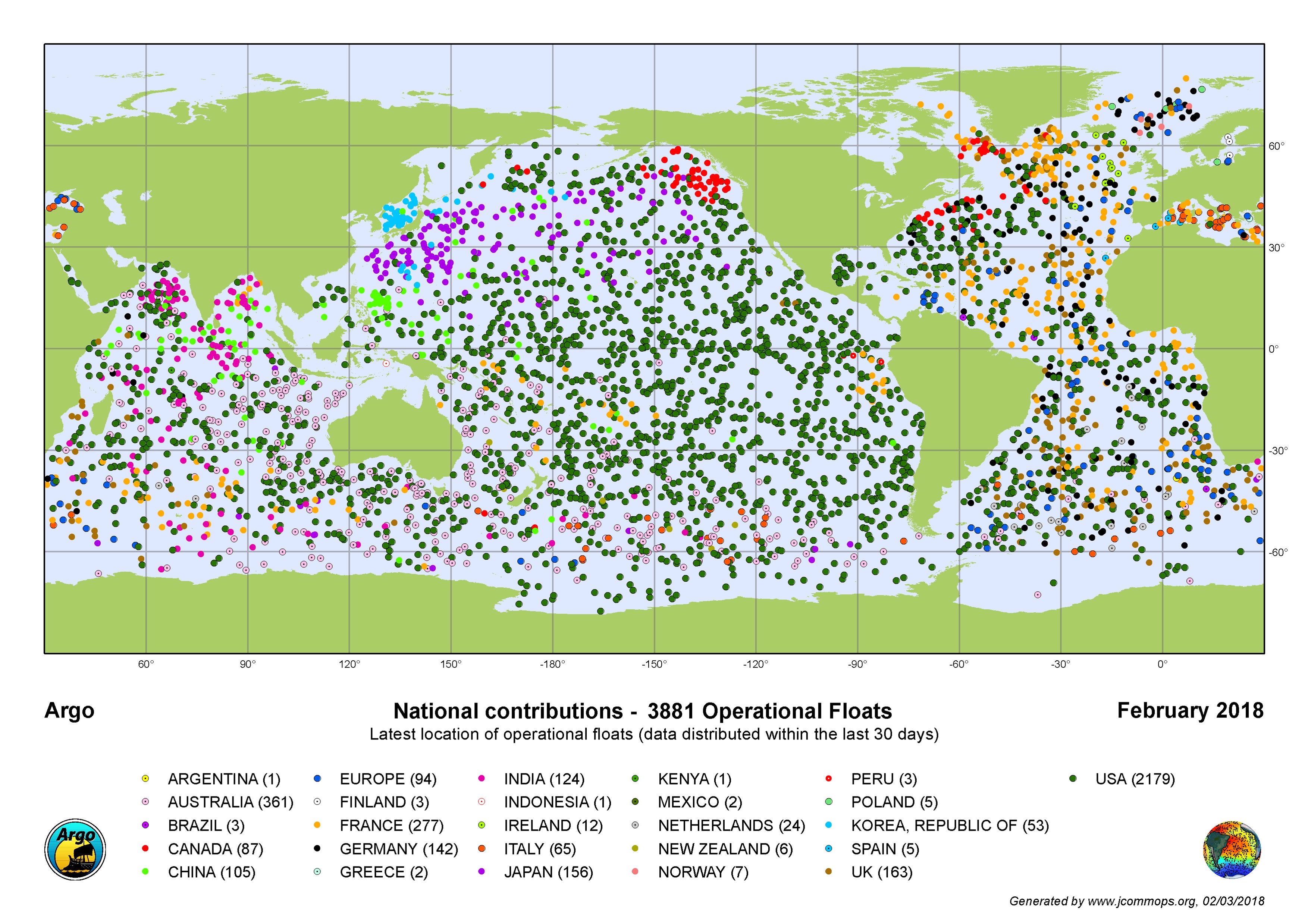 Map showing latest locations of operational floats.