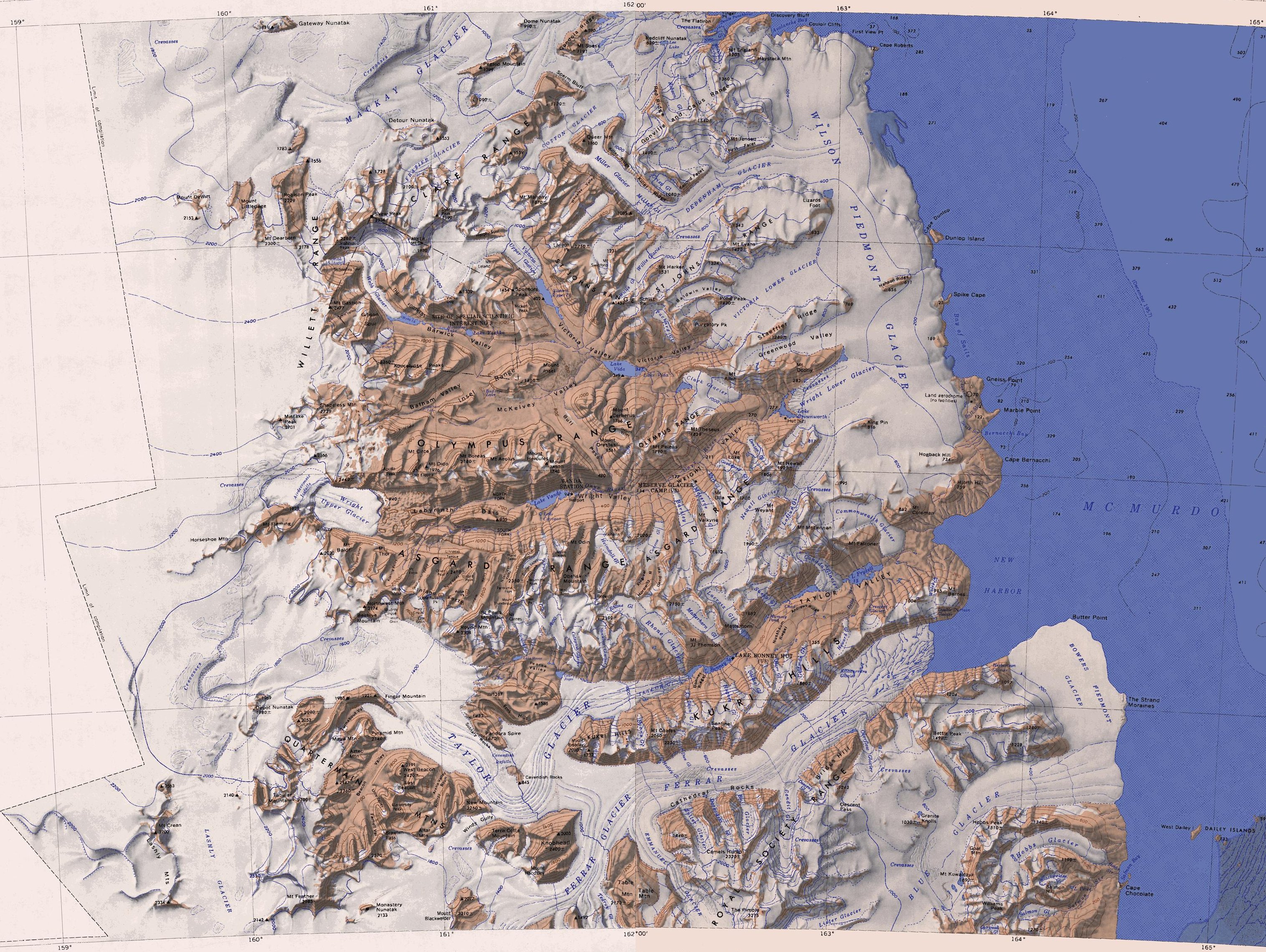 Snow is blocked by mountains, which shield the McMurdo Dry Valleys.