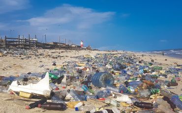 Plastic pollution covering Accra beach in Ghana.