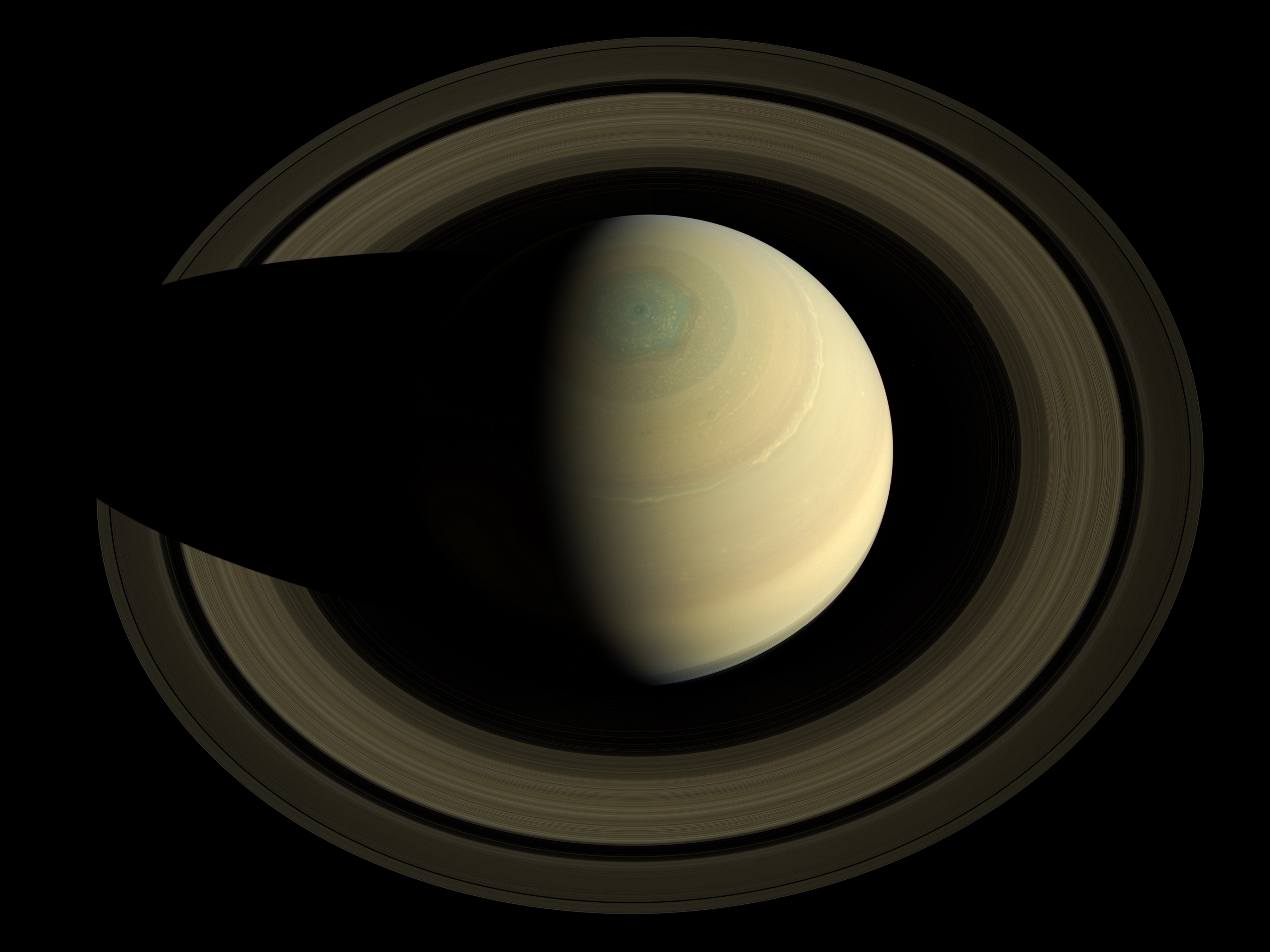 An image of Saturn from above, made from 36 images taken by NASA’s Cassini spacecraft.