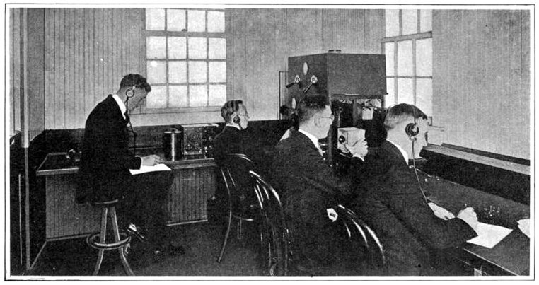 Photograph an early transmission room used by radio station KDKA, circa 1921.