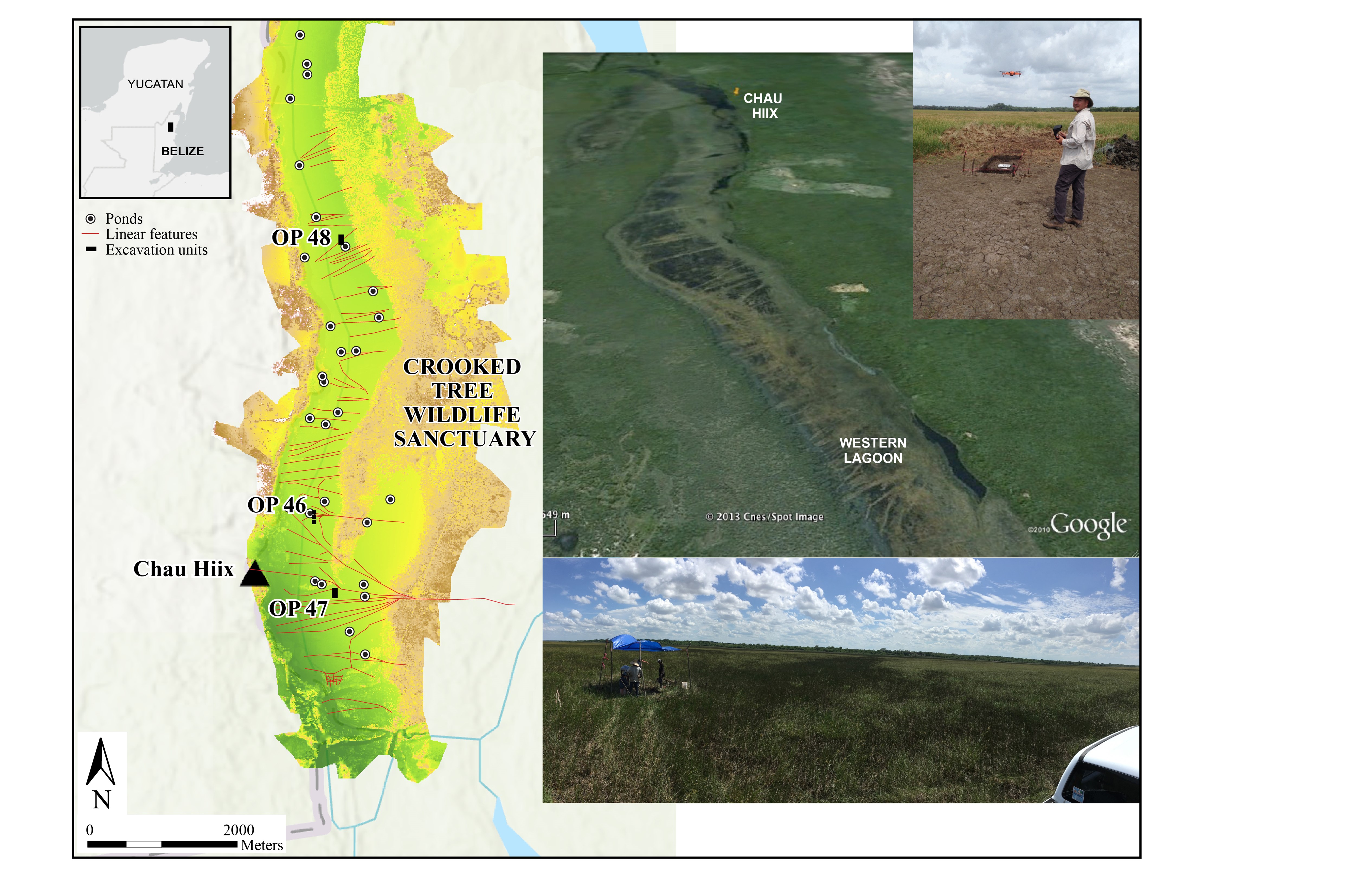 EarthDate 447-4  Map (left) showing digital elevation model of the wetland lagoon in the Crooked Tree Wildlife Sanctuary produced with drone imagery by Mr. Mark Willis, BREA drone operator (shown in top right). Geospatial analysis of the imagery and mapping of the linear canals and ponds was produced by Dr. Marieka Brouwer Burg, BREA co-Director (University of Vermont), and the geomorphological testing of the canals (bottom right) was led by Dr. Samantha Krause (Texas State University)
