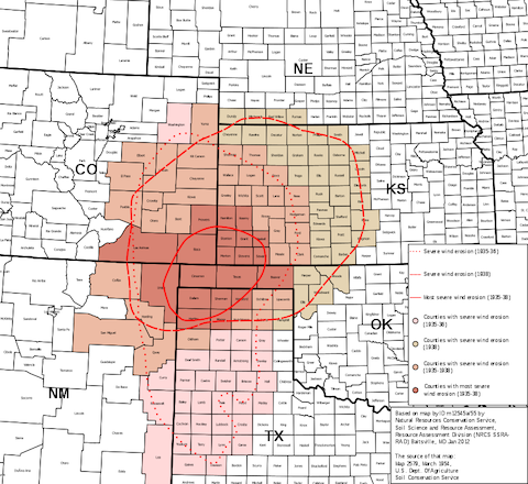 A map of states and counties affected by the Dust Bowl between 1935 and 1938.