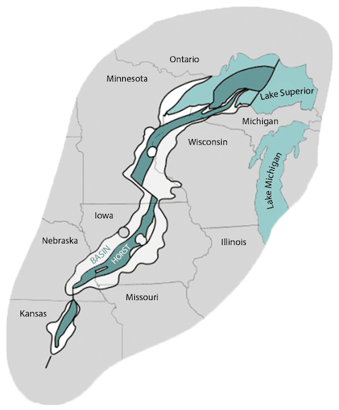 The Midcontinent Rift System (darker) is a failed rift that occurs under Lake Superior.