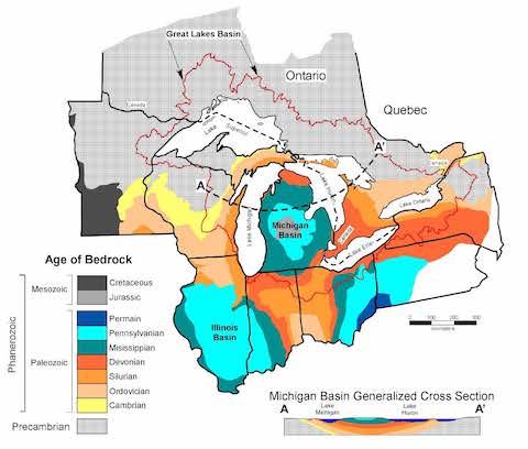 A geological map of the Great Lakes area.