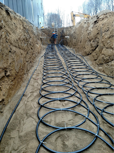 Coiled loops of a horizontal closed-loop field for a geothermal-exchange heat pump system, prior to being covered with soil.