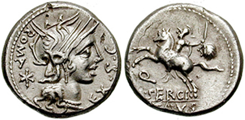 Denarius coin from 115 B.C.E. 