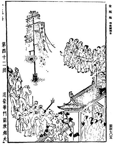 An illustration of a fireworks display, from the 1628–1643 edition of the Ming Dynasty book Jin Ping Mei.  