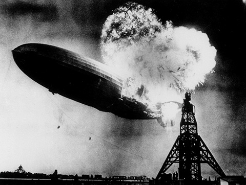 The 804-ft German zeppelin Hindenburg burned as the hydrogen that filled it was exposed to the ignition source.
