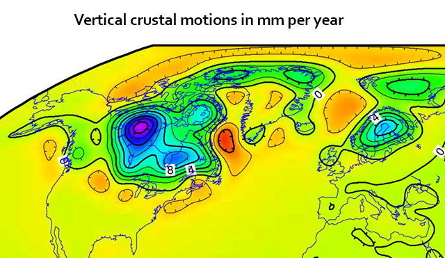 Vertical crustal motions in mm/yr (cm/decade) from a 2007 model