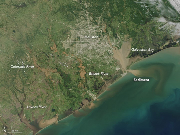 The rivers and bays around Houston run brown with sediment