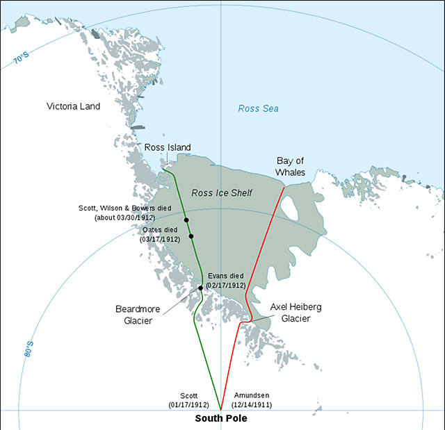 Amundsen's and Scott’s routes, red and green respectively, to the South Pole. 