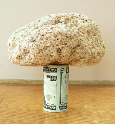 A 6-inch wide piece of pumice rests on a rolled-up US $20 bill
