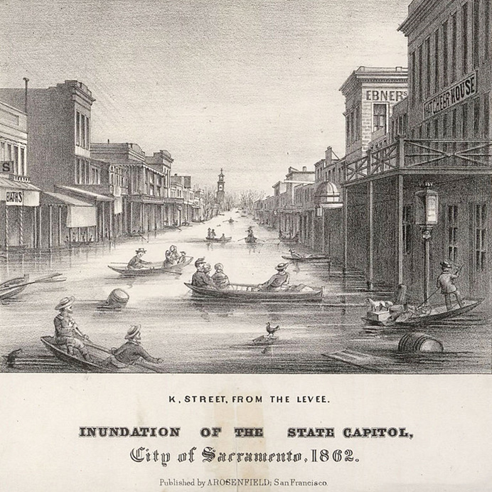 Lithograph of K Street in the city of Sacramento, California, during the Great Flood of 1862. 