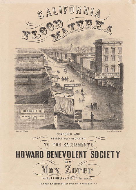 A sheet music cover depicting J Street in Sacramento during the 1861-1862 flood; several businesses are identified by signage. Credit: Drouaillet (active ca. 1860), French lithographer (lithographer) Vance, Robert H. (active ca. 1851-ca. 