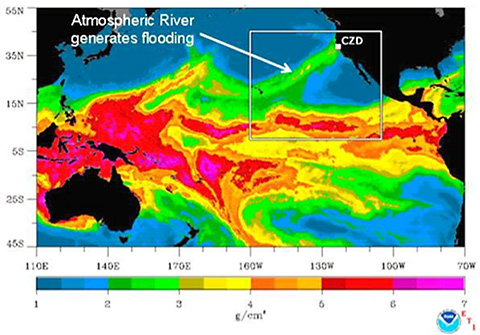 This map of the Pacific region shows an atmospheric river originating over the central Pacific on February 16, 2004.