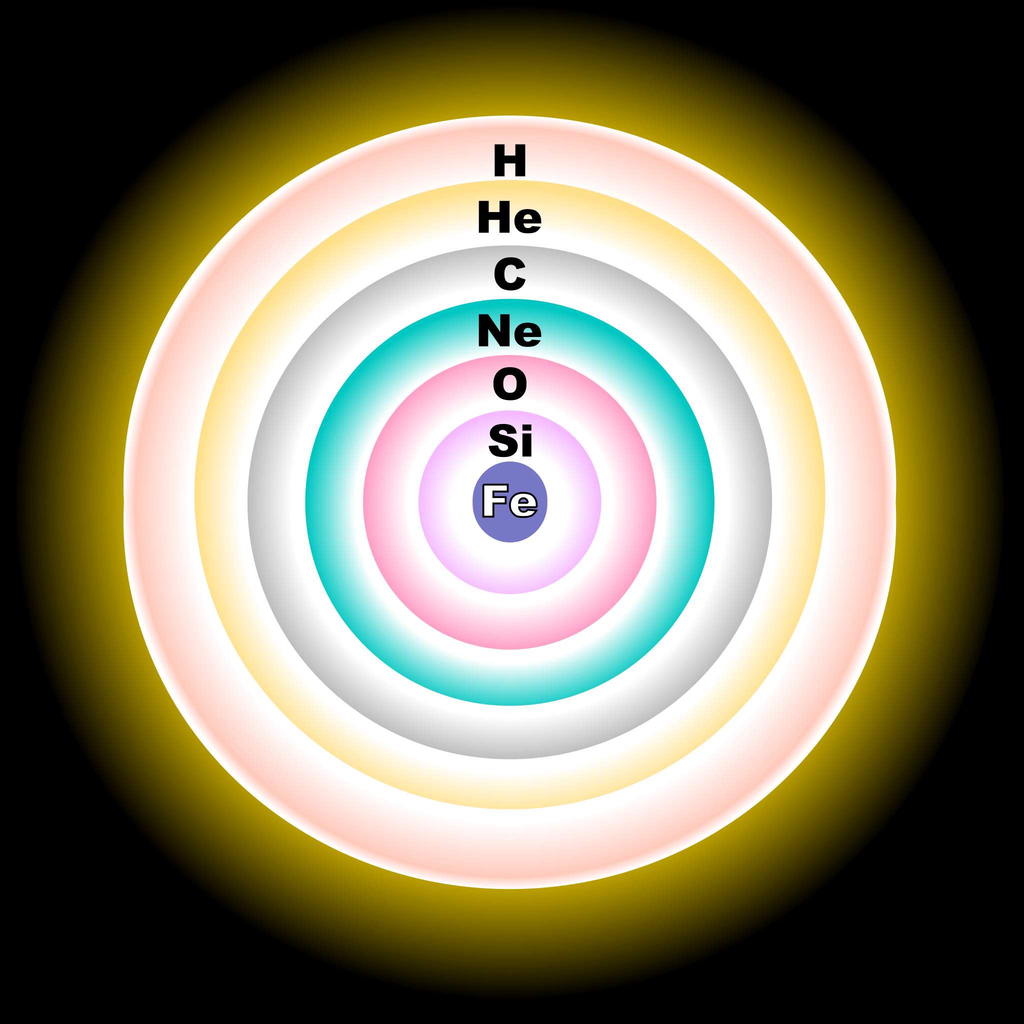 This diagram shows a simplified (not to scale) cross section of a massive, evolved star