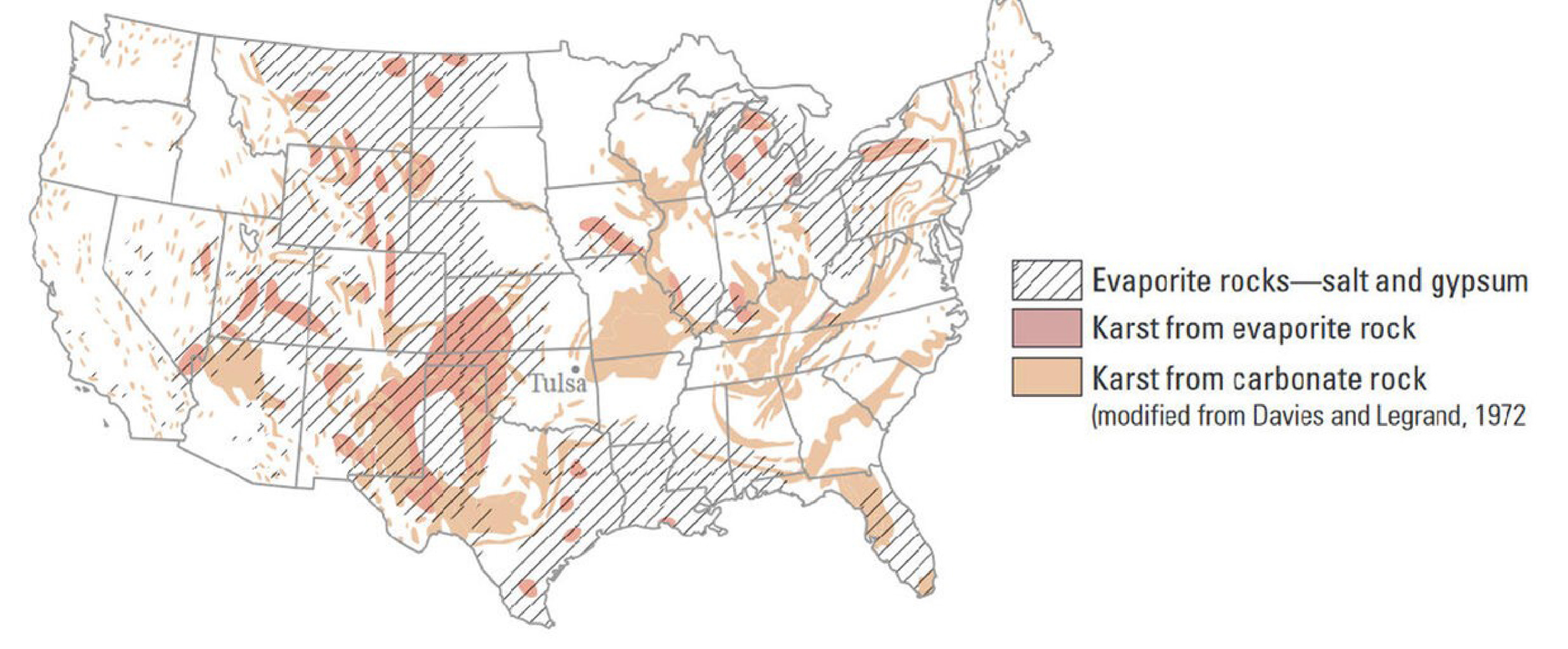 Map showing the extent of soluble bedrock in the contiguous United States