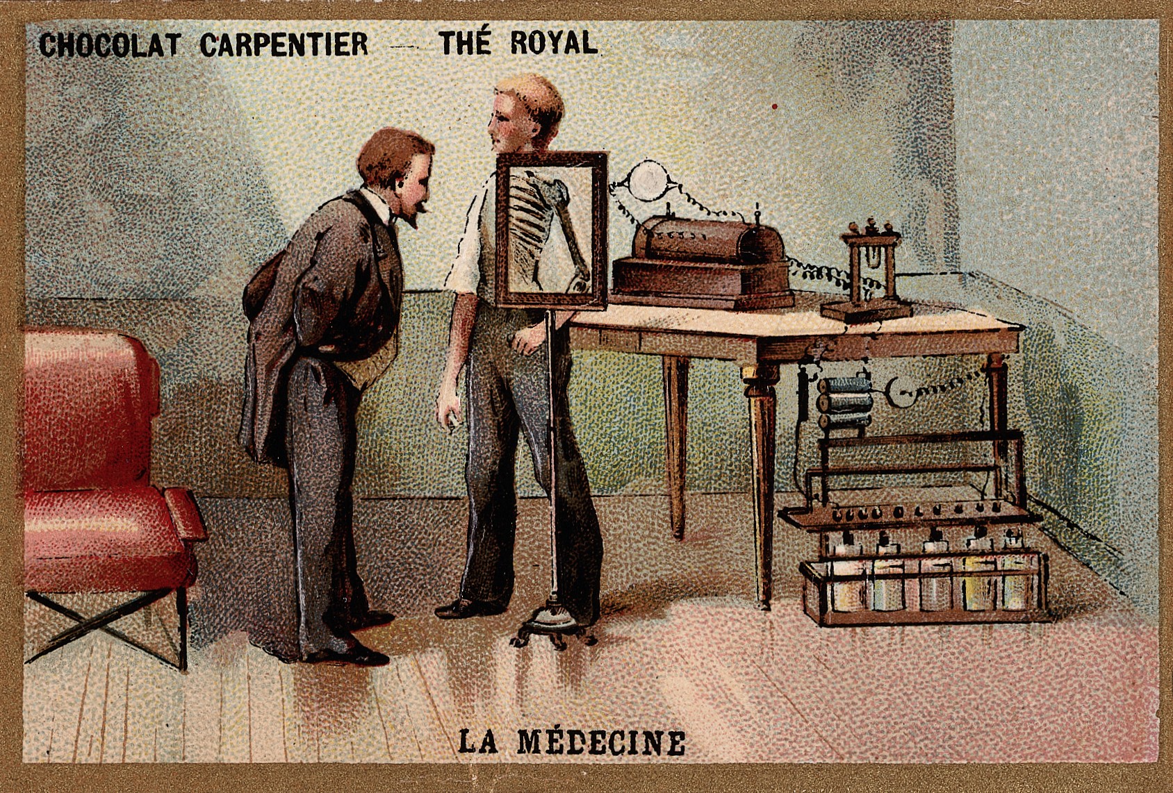 French illustration of Wilhelm Röntgen observing a man’s bones