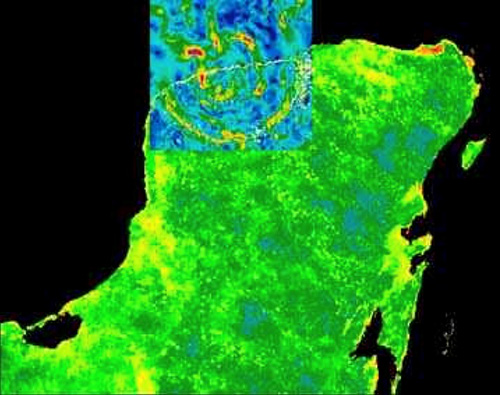 Gravity anomaly map of Chicxulub crater area superimposed on the Yucatan Peninsula 