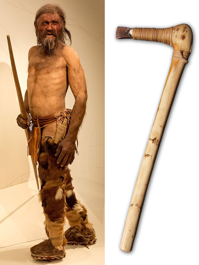 A reconstruction of Ötzi and his axe 