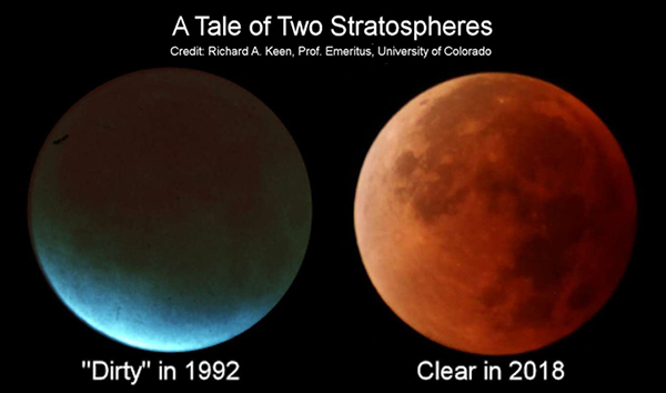 a side-by-side comparison of a lunar eclipse observed in 1992 and the latest clear eclipse in January 2018.