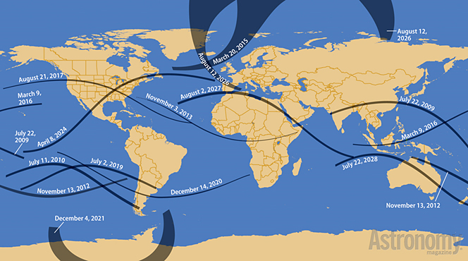 Paths of 15 future total eclipses through 2028.  